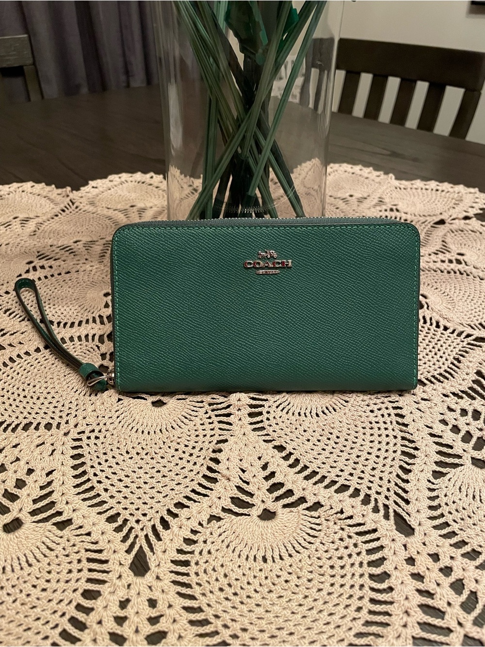 Coach Long Zip Around Wallet in Green Crossgrain Leather